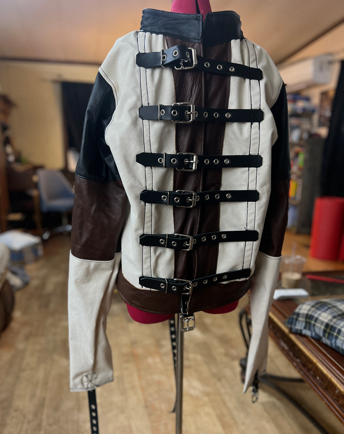 Canvas/Leather straight jacket with raised collar