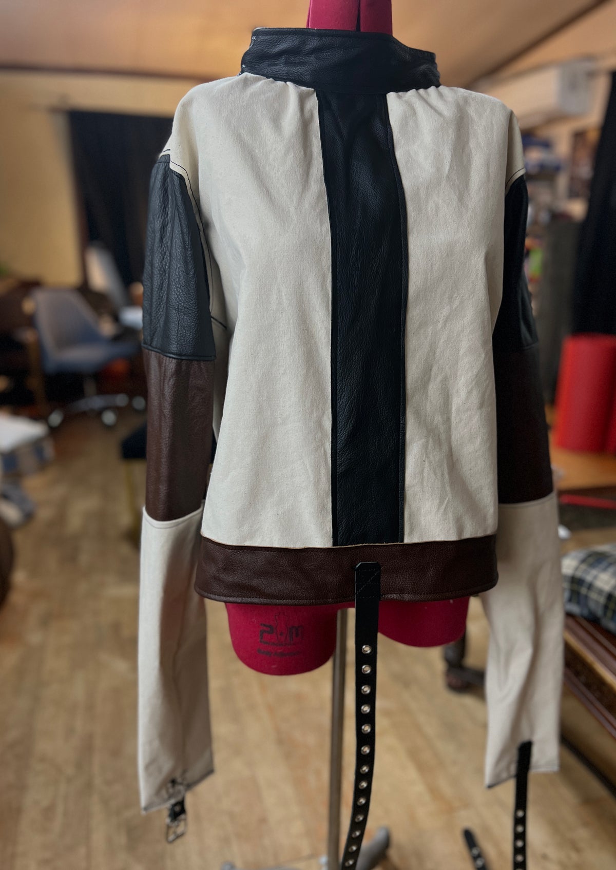 Canvas/Leather straight jacket with raised collar
