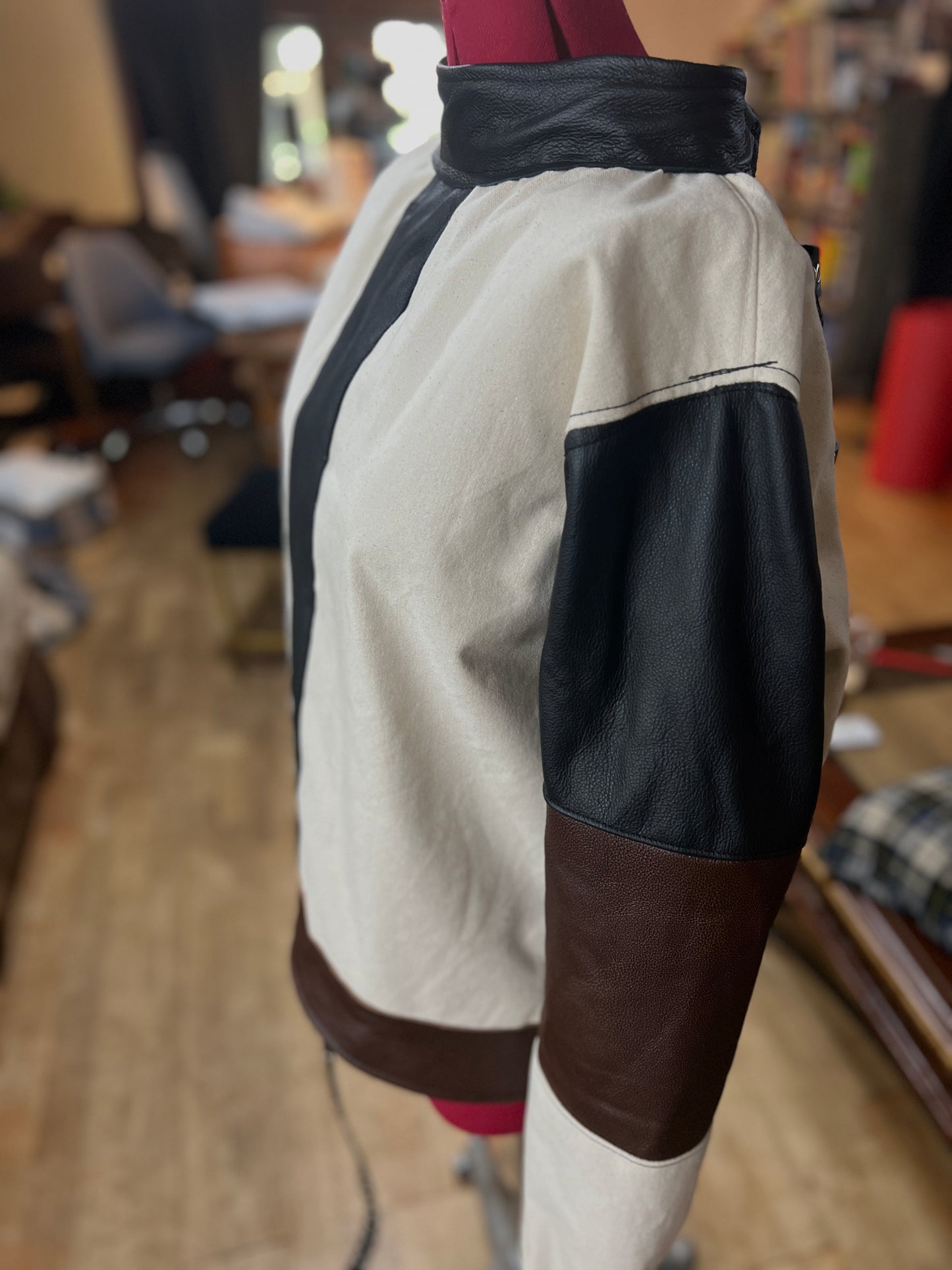 Canvas/Leather straight jacket with raised collar