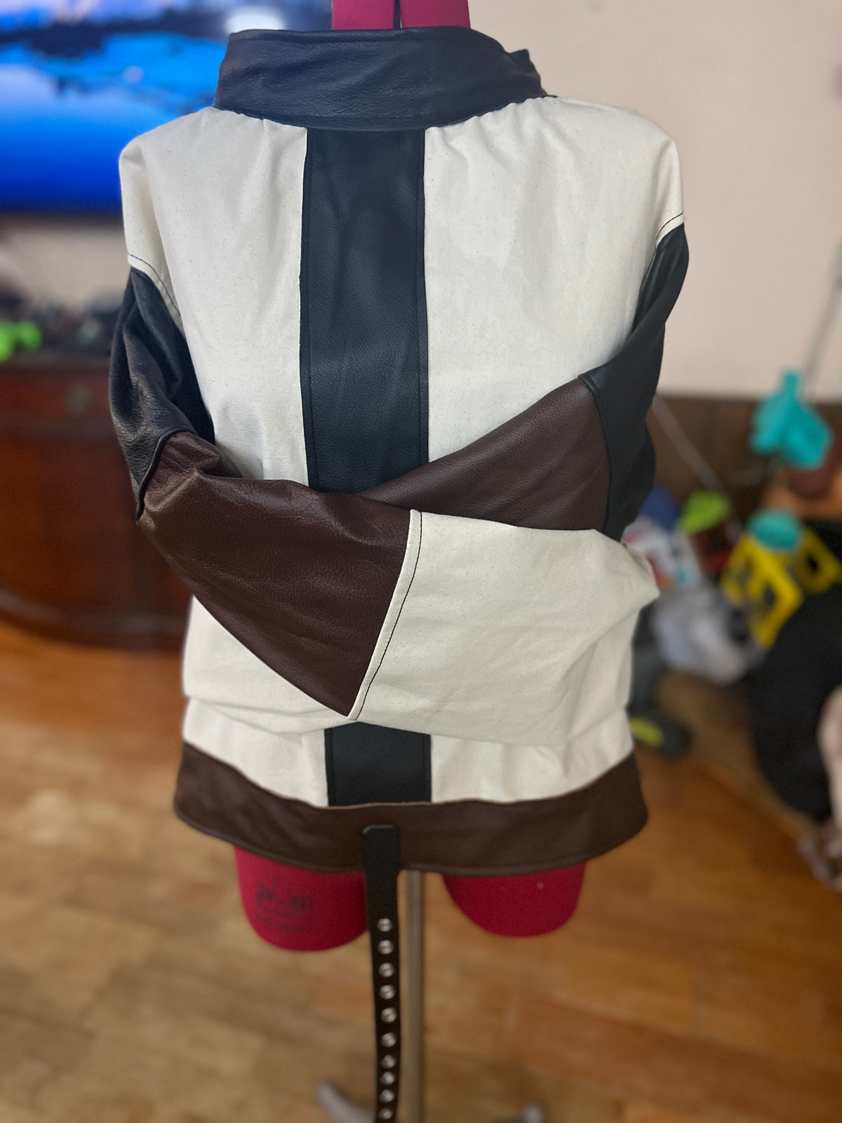Canvas/Leather straight jacket with raised collar