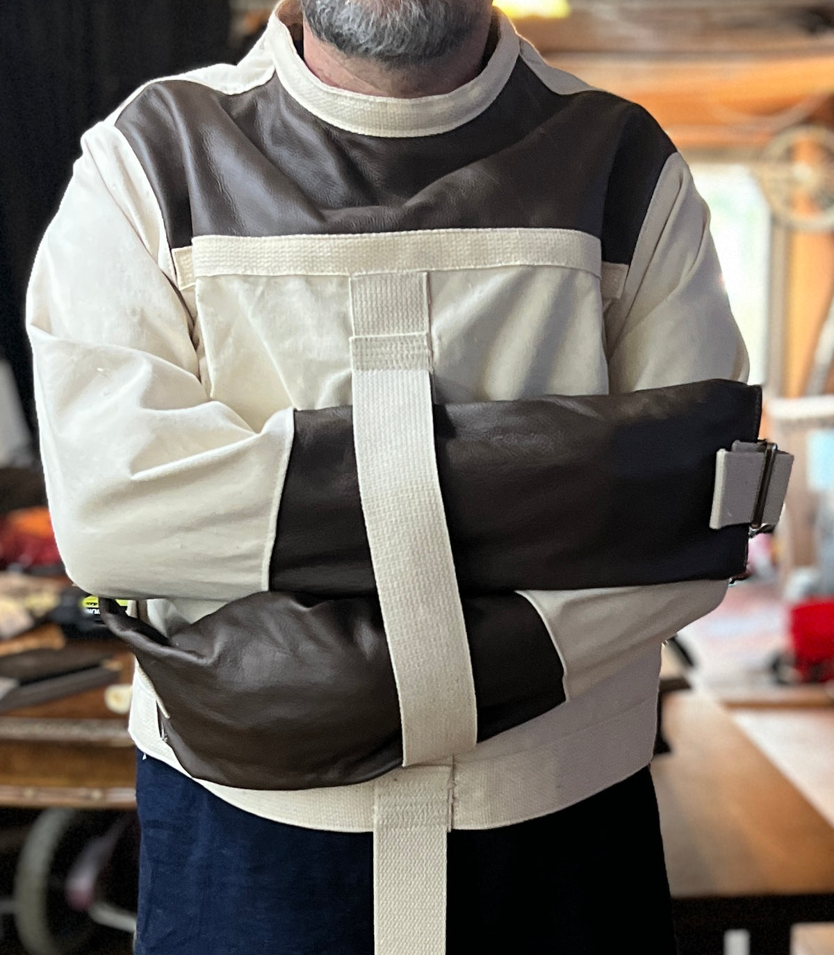 Leather sleeve and trim straight jacket