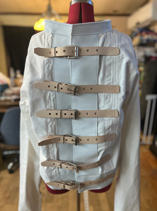 XL Houdini style White on white straight jacket w/tan straps